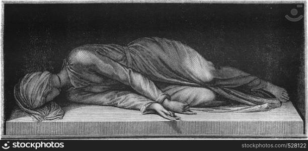 Statue of Saint Cecilia, by Etienne Modern, in the church of Siante in Trastevere Cecilia in Rome, vintage engraved illustration. Magasin Pittoresque 1847.