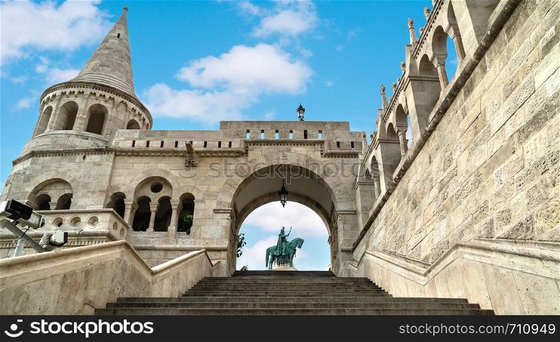 Statue of Saint Istvan on horse in Fishing Bastion, Budapest. Statue in Fishing Bastion