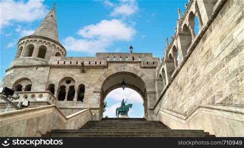 Statue of Saint Istvan on horse in Fishing Bastion, Budapest. Statue in Fishing Bastion