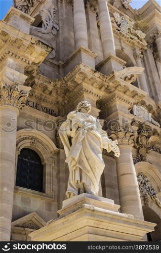 Statue of Saint Paul in front of the Siracusa Cathedral, Sicily, Italy