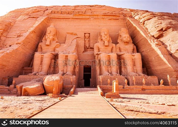Statue of Seated Ramses II at the Great Ramses II Temple in Abu Simbel Village in Aswan, Egypt.