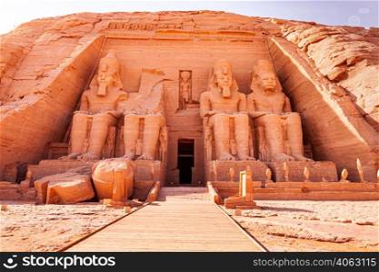 Statue of Seated Ramses II at the Great Ramses II Temple in Abu Simbel Village in Aswan, Egypt.