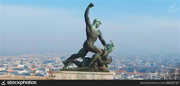 Statue of St George the Dregon Killer on Gellert hill in Budapest capital Hungary