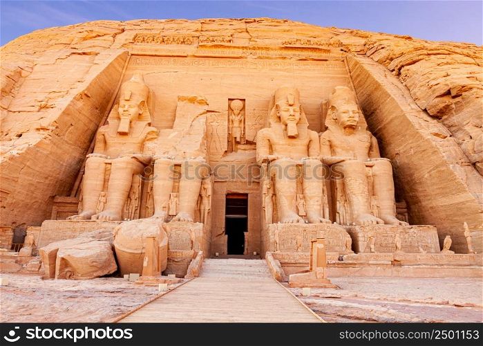 Statue of the pharaoh Rameses II at The Great Temple of Rameses II in Abu Simbel Village, Aswan, Upper Egypt.