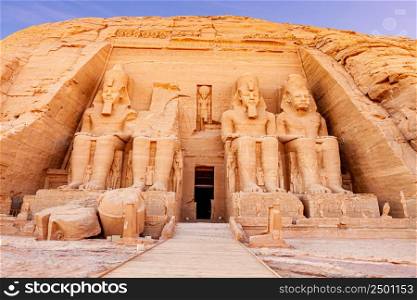 Statue of the pharaoh Rameses II at The Great Temple of Rameses II in Abu Simbel Village, Aswan, Upper Egypt.