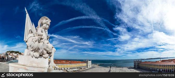 Statue on triumphal augusta arch in Lisbon in a beautiful summer day