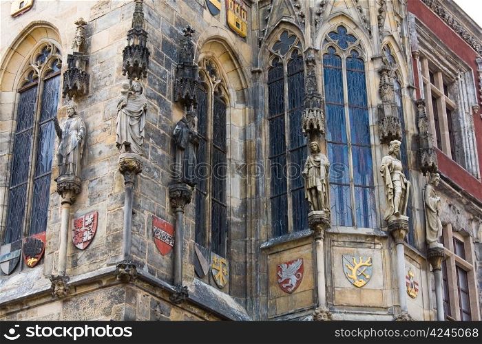 Statue outside of Prague&rsquo;s old Town Hall (Czech Republic). Was built in 1338-1364.