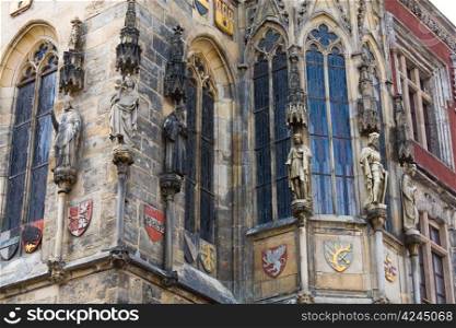 Statue outside of Prague&rsquo;s old Town Hall (Czech Republic). Was built in 1338-1364.