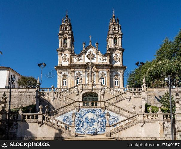 Statues adorn the baroque staircase to the Santuario de Nossa Senhora dos Remedios church. Statues on the stairs to Our Lady of Remedies church above the city of Lamego
