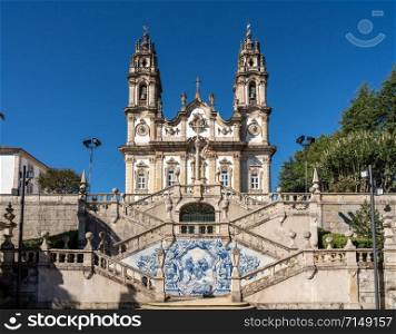Statues adorn the baroque staircase to the Santuario de Nossa Senhora dos Remedios church. Statues on the stairs to Our Lady of Remedies church above the city of Lamego
