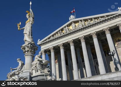 Statues at the Parliament Buildings on Ringstrabe in Vienna, Austria. The Austrian Parliament is the bicameral legislature in Austria. It consists of two chambers: the National Council (Nationalrat) and the Federal Council.