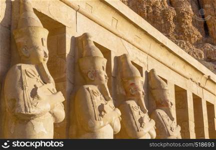 Statues of Hatshepsut Temple close up at sunrise