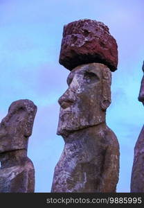 Statues of the gods of Easter Island. Ancient statues of ancient civilization on Easter Island.. Statues of gods of Easter Island