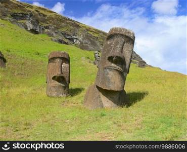 Statues of the gods of Easter Island. Ancient statues of ancient civilization on Easter Island.. Statues of gods of Easter Island