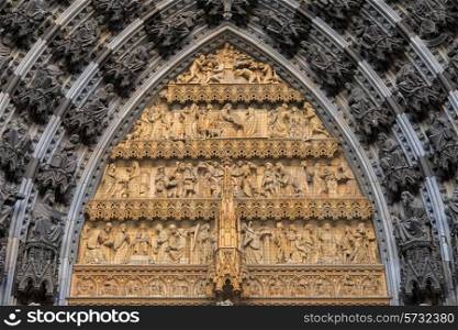 Statues of the saints above the entrance of Cologne cathedral, Germany&#xA;
