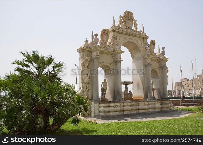 Statues on a fountain, La Fontana dell&acute;Immacolatella, Naples, Naples Province, Campania, Italy