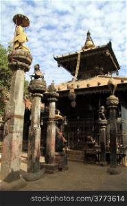 Statues on the columns near temple in Bhaktapur, Nepal