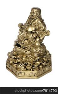 Statuette of Hotei (Buddha) to the toad on the white background
