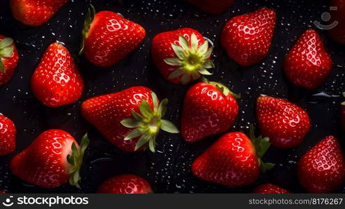 Stawberries seamless background with water drops, top view. Generative AI. High quality illustration. Stawberries seamless background with water drops, top view. Generative AI