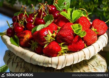stawberry and cherry on mirror background