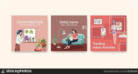 stay at home advertise concept with people character make activity illustration watercolor design