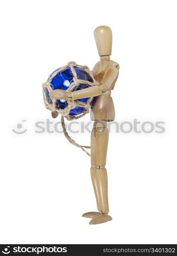 Staying afloat shown by a model holding a blue nautical glass float tied with rough rope - path included