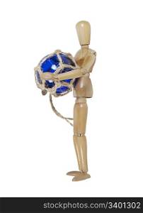 Staying afloat shown by a model holding a blue nautical glass float tied with rough rope - path included