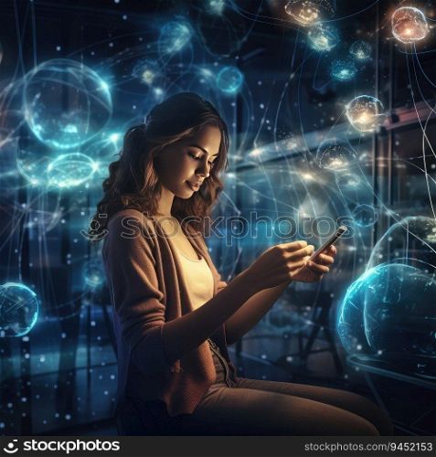 Staying up to date with technology in a fast moving world, concept. A young asian woman is using an innovative future technology to view her phone data and functions in holographic display around her. AI Generative
