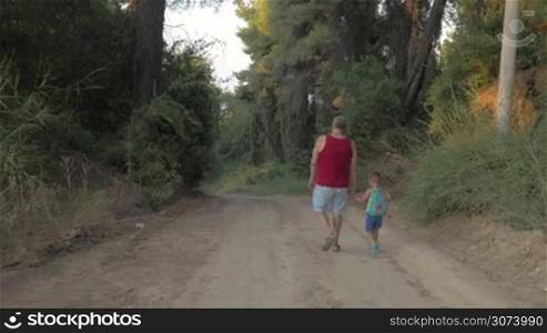 Steadicam back shot of a grandfather and little grandson with backpack holding hands and walking through the woods. Evening nature hiking