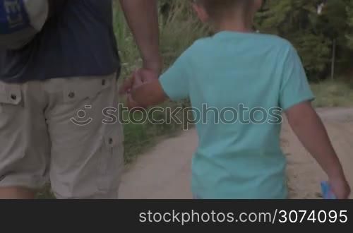 Steadicam back shot of a little boy walking by hand with grandfather. They hiking in the forest, man having backpack