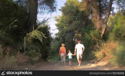 Steadicam back shot of grandparents and little grandson holding hands and running down the road in the forest. Active leisure outdoor
