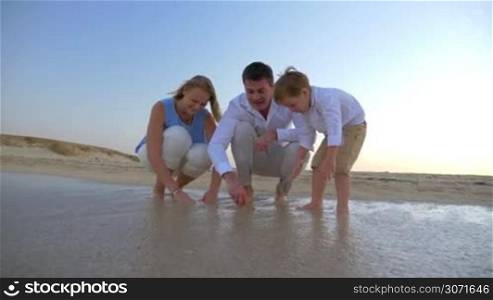 Steadicam shot of a young couple and their son sitting by the sea, incoming wave washing their bare feet. Woman found a shell in sand and shows it to others.