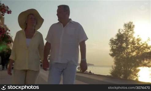 Steadicam shot of mature couple walking along the sea front, they holding hand embracing. Evening sun making water sparkle with golden light. Vacation time