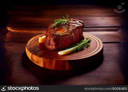 Steak on wooden board. Generative AI
