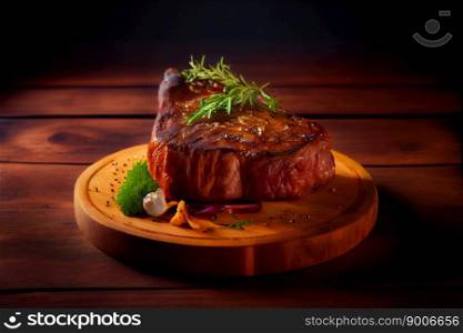 Steak on wooden board. Generative AI 