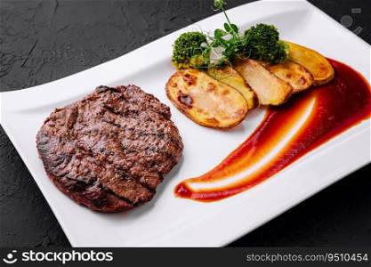 steak with baked potatoes and broccoli