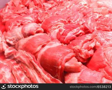 Steaks from beef and pork meat. Steaks from beef and pork red meat at market