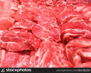 Steaks from beef and pork meat. Steaks from beef and pork red meat in market