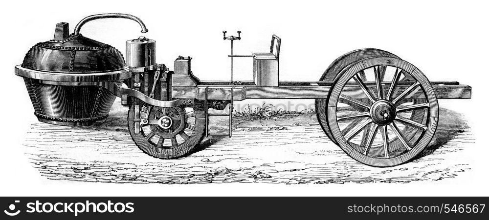 Steam car of Cugnot under Louis XV, vintage engraved illustration. Magasin Pittoresque 1861.