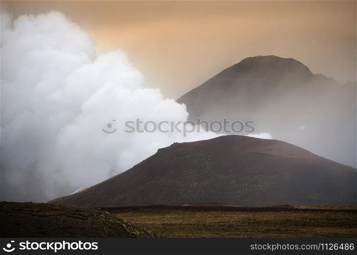 Steam eruption from the Krafla Volcanic Crater in Iceland
