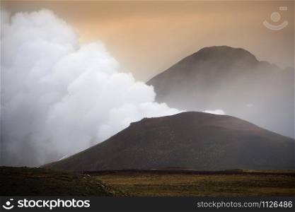 Steam eruption from the Krafla Volcanic Crater in Iceland