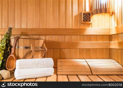 steam room made of natural wood and accessories