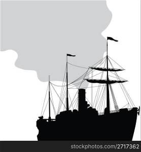 Steam ship silhouette over white background