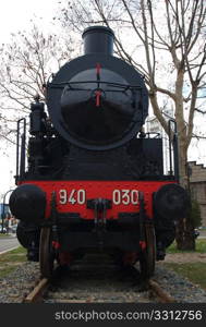 Steam train. Detail of ancient steam train locomotive vehicle