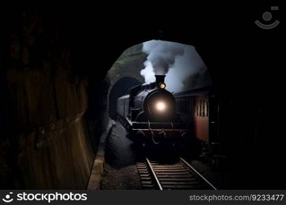 Steam train tunnel light. Rail wagon. Generate Ai. Steam train tunnel light. Generate Ai