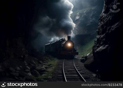 Steam train tunnel. Smoke retro railroad. Generate Ai. Steam train tunnel. Generate Ai
