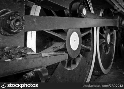 steam train wheels. great steam train locomotive wheels closeup image in black and white