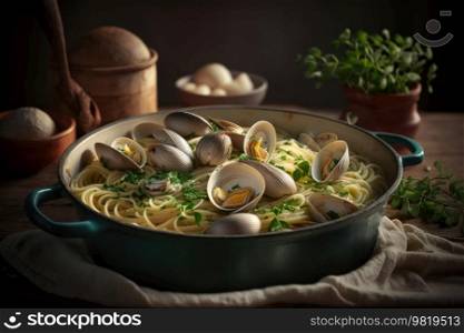 Steamed clams, linguini and parsley. Illustration Generative AI