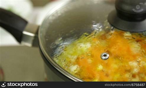 Steaming Frying Pan With Vegetables, Closeup