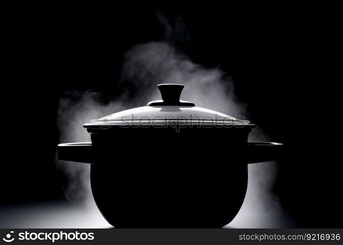steaming pot in dark logo, steam over saucepan generative ai.